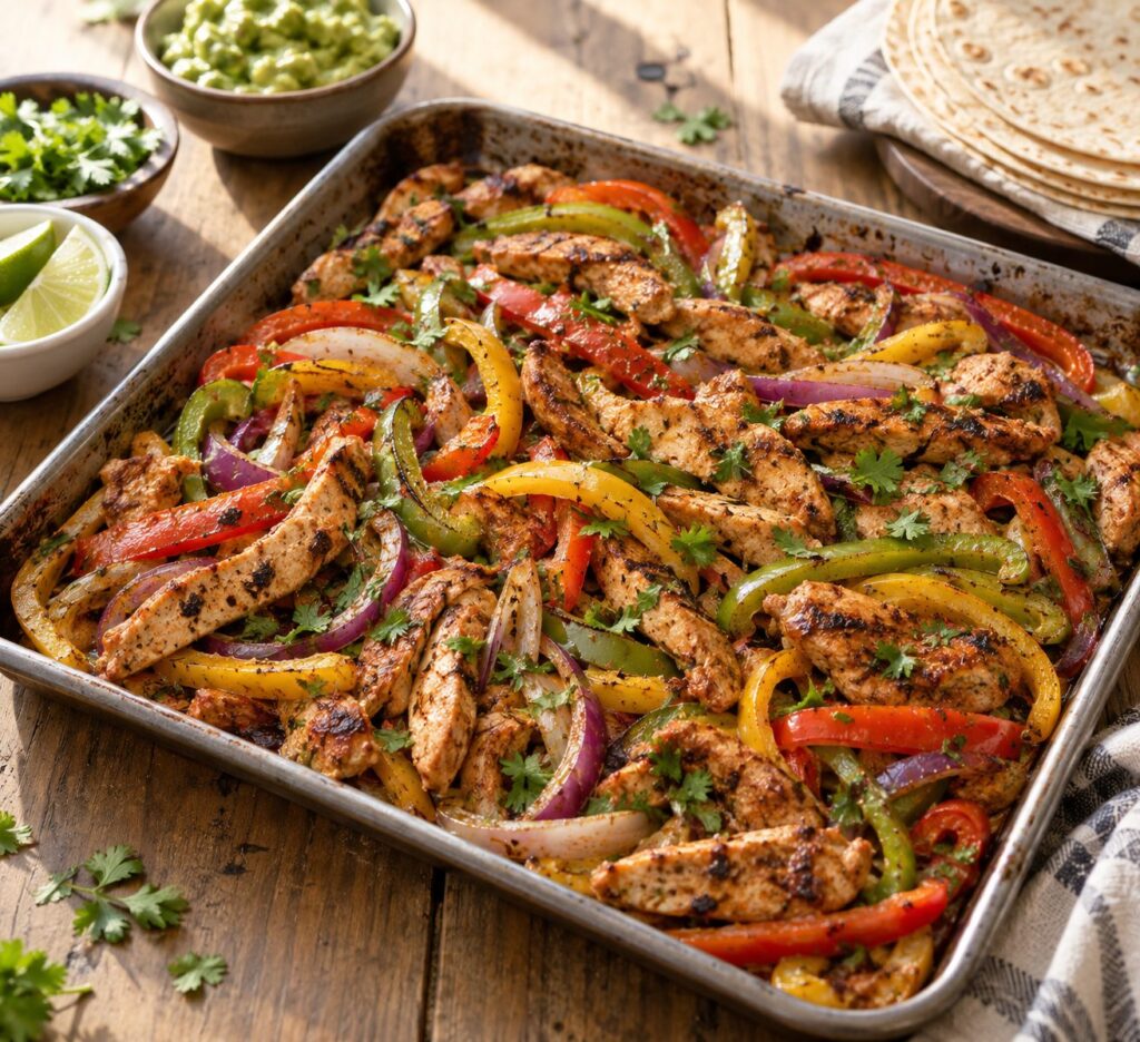 Sheet pan chicken fajitas with peppers and onions